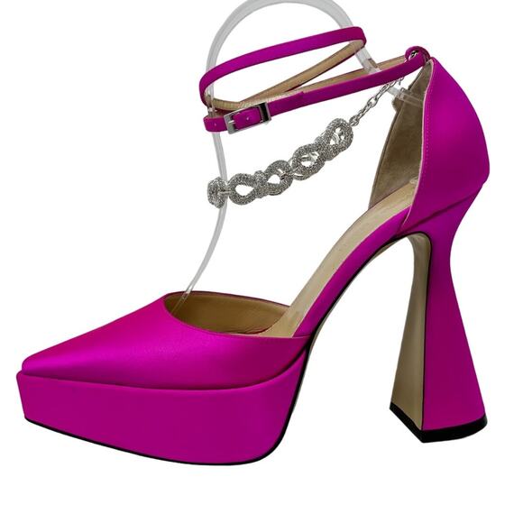 Mach & Mach Satin Crystal Bow Chain Platform Pumps Block Heel Hot Pink Size 40 - Picture 1 of 16